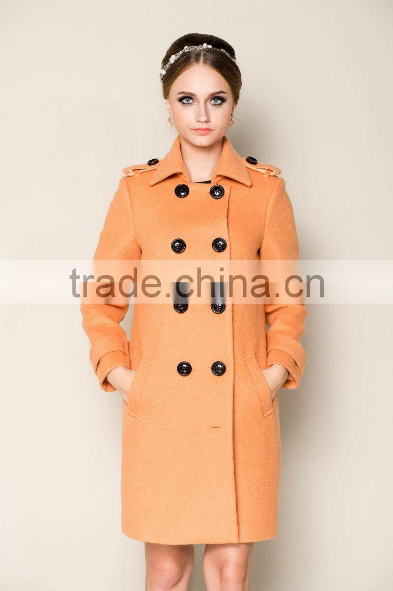 latest 2015 thick warm lovely pink women office coat with double breasted design