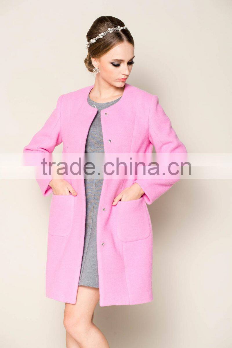 2015 latest fashionable o neck apricot plain style brand name women winter coat