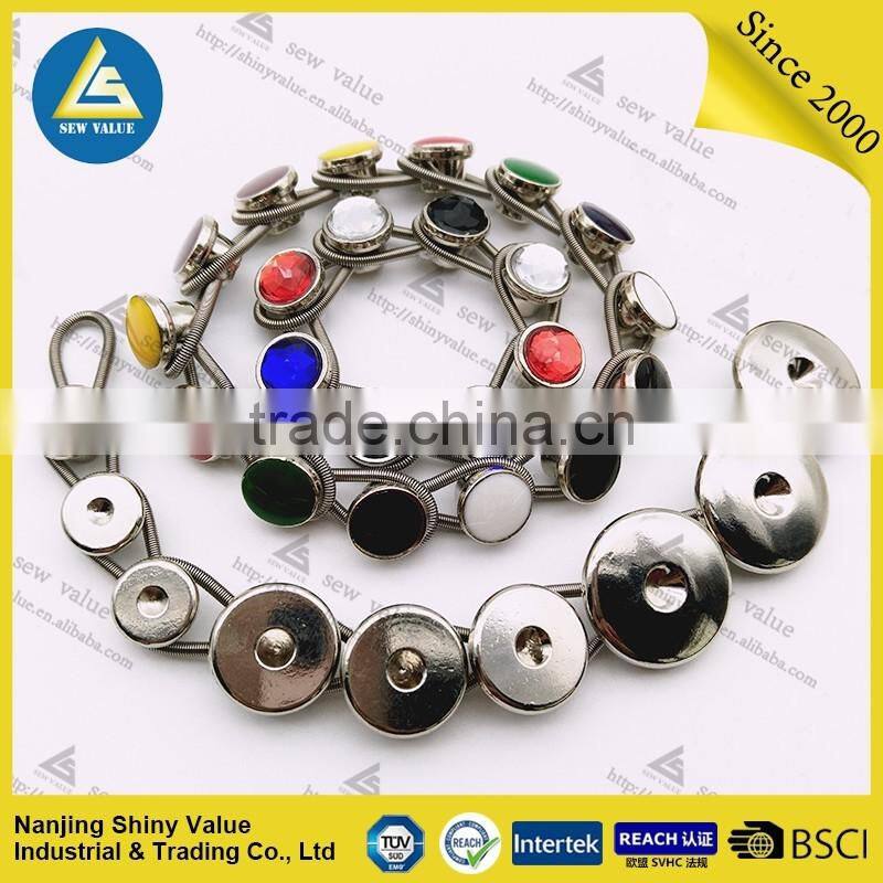 Removable metal button collar extenders in different colors crystal mounted with spring for shirts/jeans/trousers