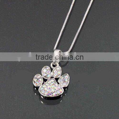 2015 fashion colorful crystal paw print necklace with snake chain