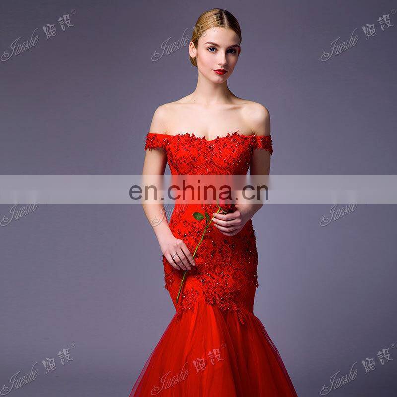 Real Off The Shoulder Lace Appliqued Fishtail Red Sexy Evening Dress Formal