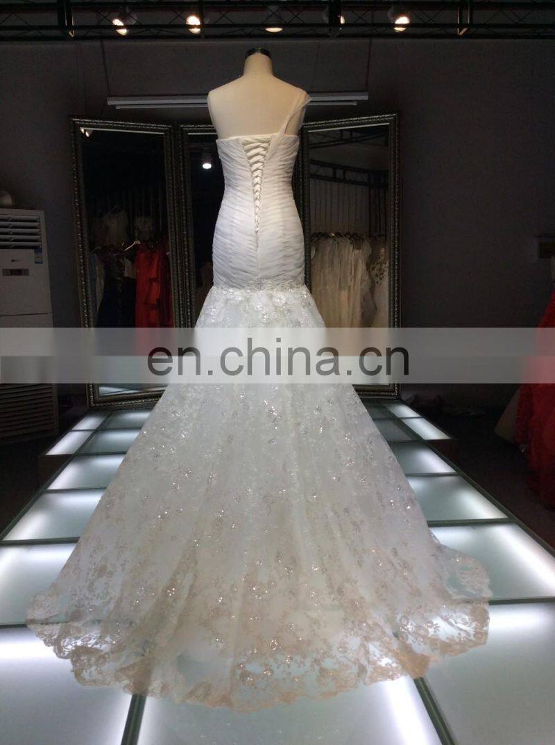 1A179 Charming Ruffle Mermaid Small Train Wedding Gown Beaded Sweetheart Backless Spaghetti One-shoulder Wedding Dress 2016