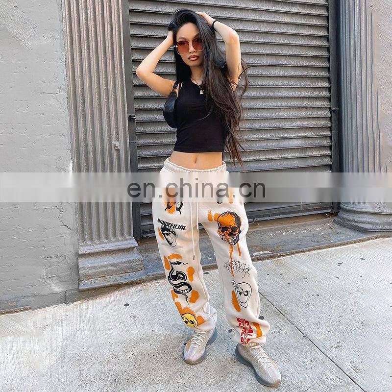 2021 autumn and winter new fashion street trend multi-pattern printing strap thick warm casual pants