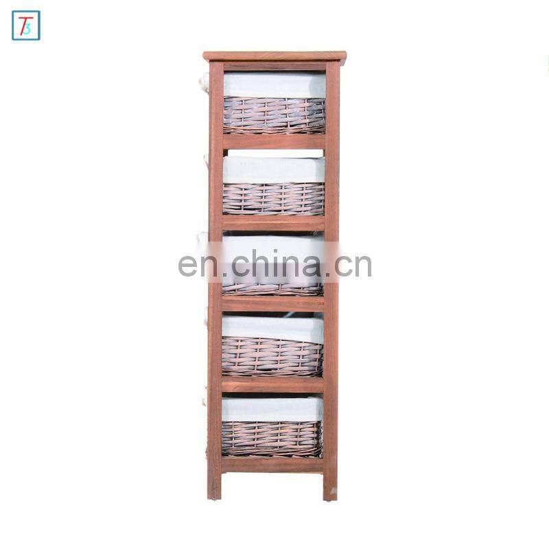 5 Drawer Storage Unit Wooden Frame with Wicker Woven Baskets Household Cabinet Chest