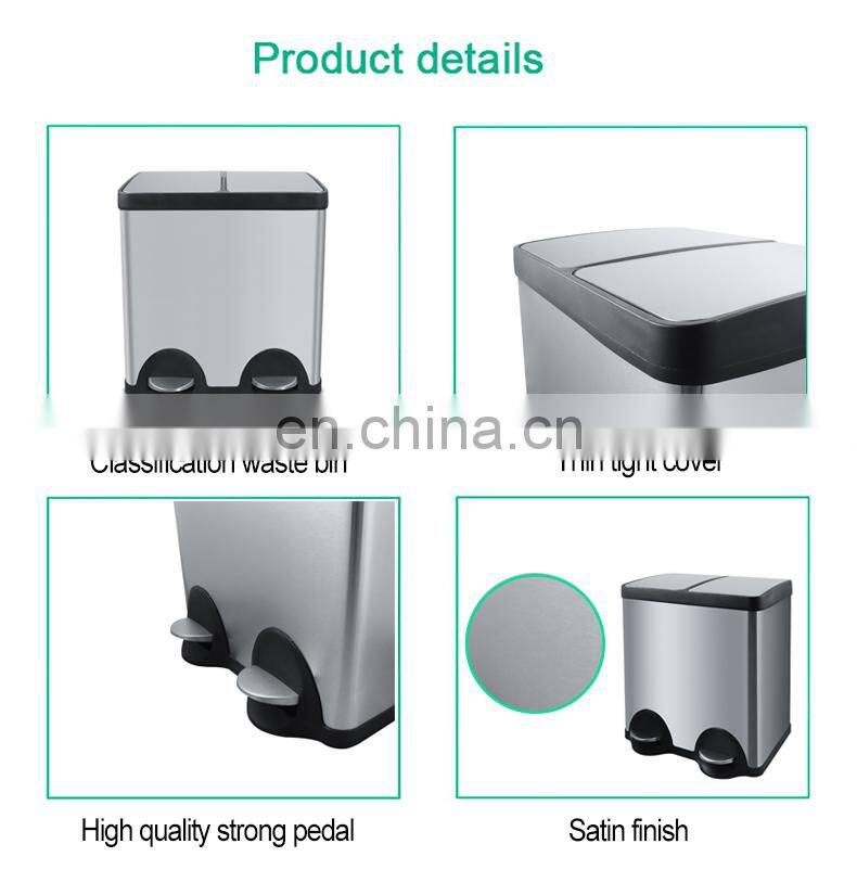 Hot Sale 40L/50L Stainless Steel Pedal Type Recycling Bin two compartment trash can