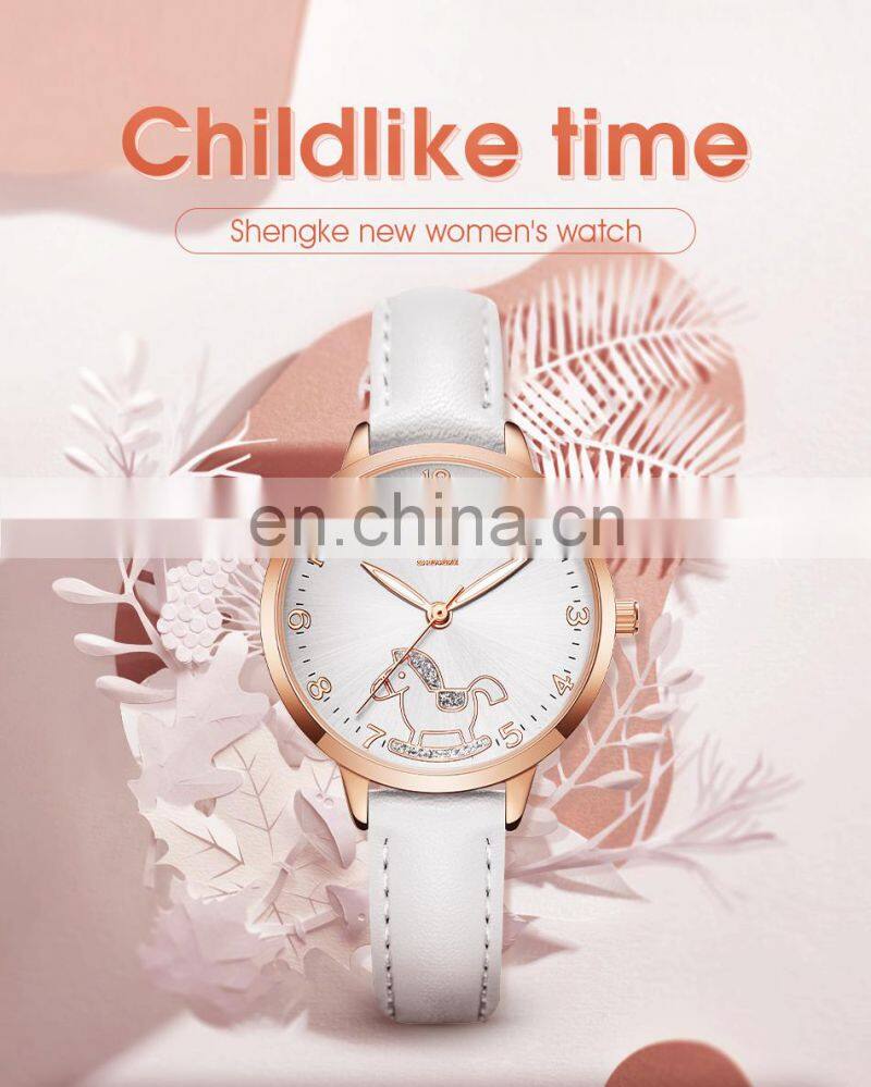 SHENGKE Cute Girls Handwatch K9027 Ultra White Band Watches Night Light Function with Shining Stone Student Wristwatch