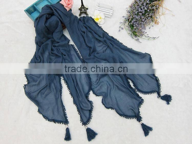 Fashion Latest Large Long Plain Cotton Linen Embroidery Lace Brim Tassel Scarf Shawl