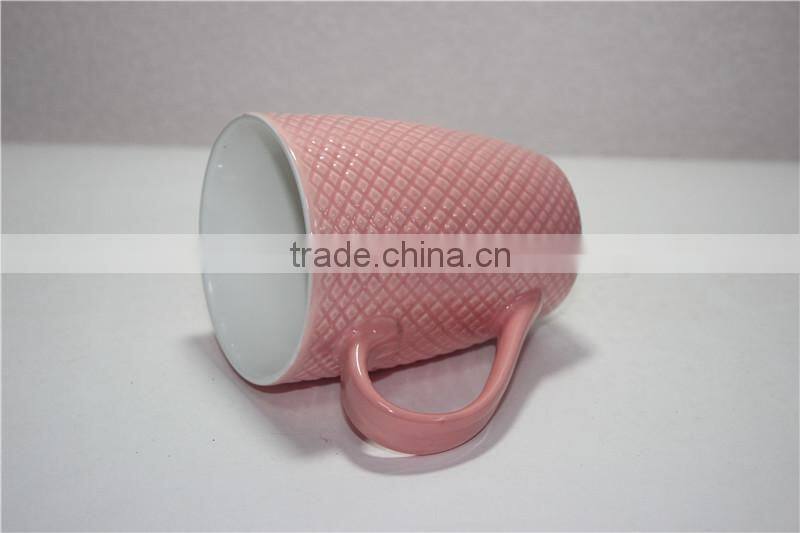 12 OZ embossed and color glazed porcelain hot pink coffee mug