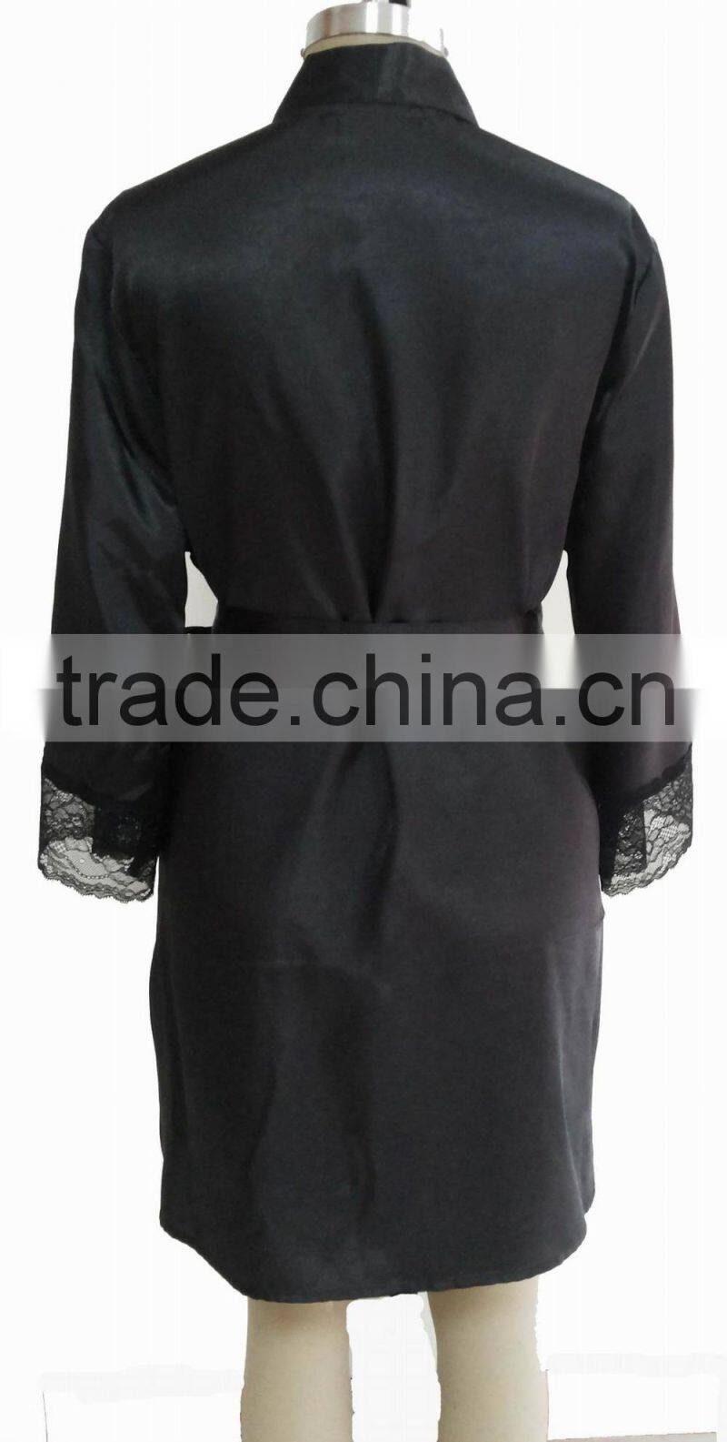 comfortable women black satin lace robe