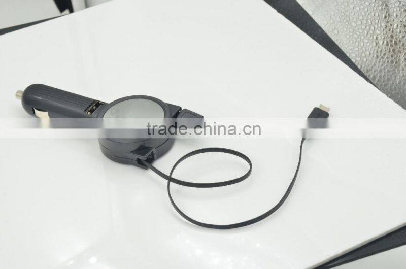 New design protable 3.1A car battery charger with double retractable built-in cable for iphone/samsung/Type-C/htc/blackberry