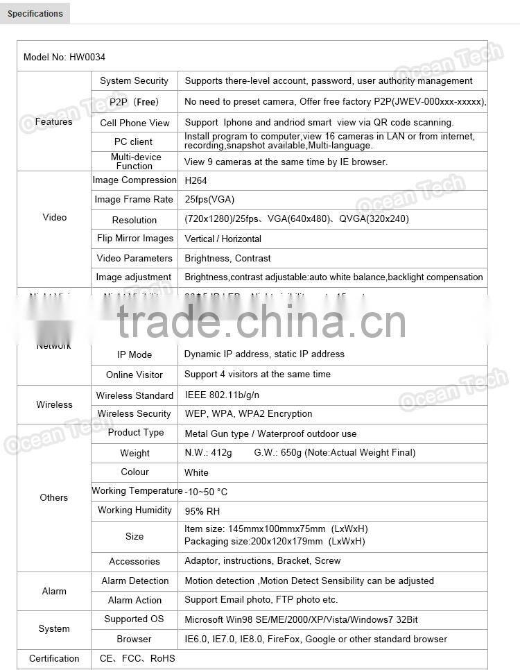 New wireless 2p2 wireless ip camera HW0034