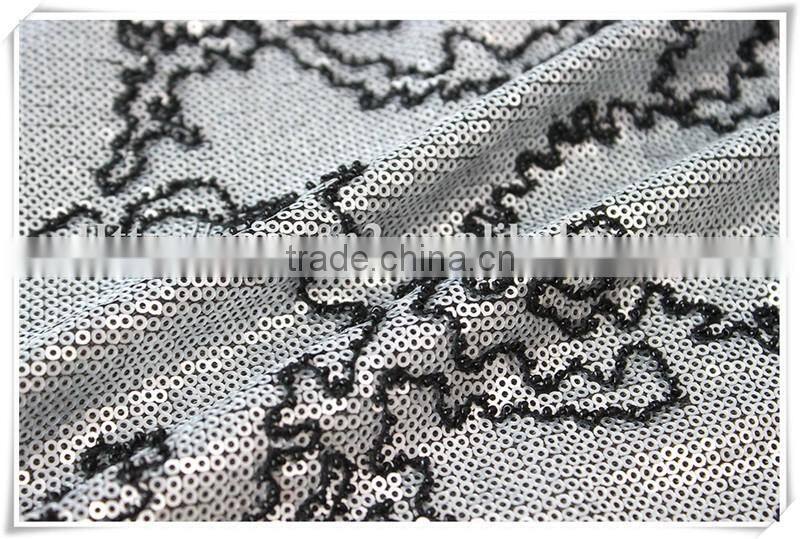 Wholesale newest silver sequin upholstery fabric with black beads for home textile