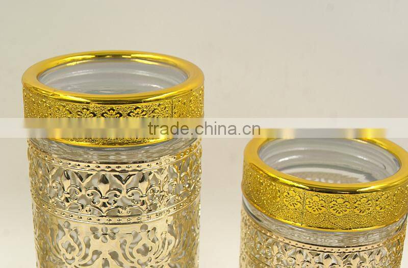 Set of Four Glass Food container storage canister with golden metal coat