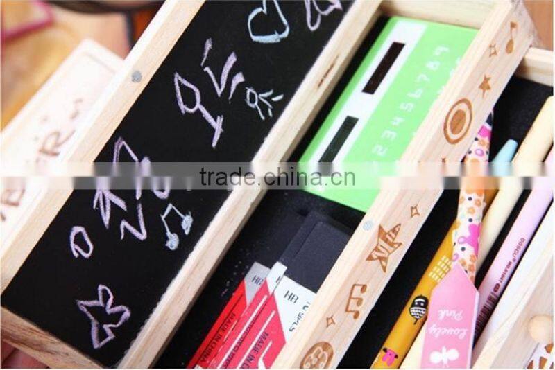 Cute Vintage Wooden Boxes Stationery Bag Double Drawer School Pen/Wooden DIY pencil box with small blackboard and drawer