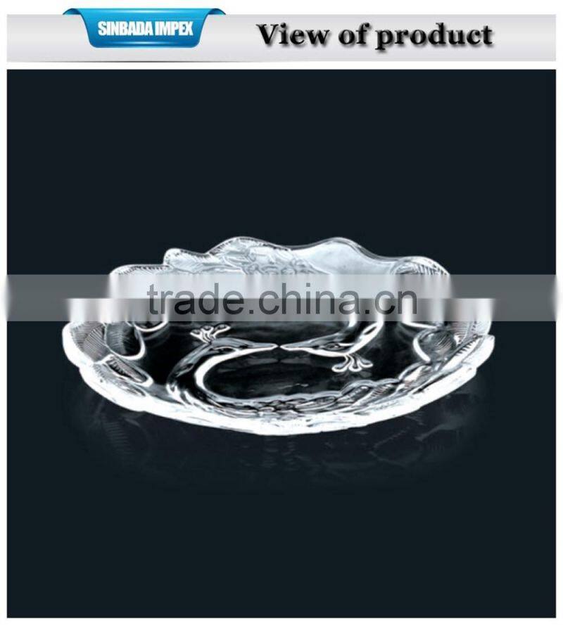 Transparent decorative glass fruit plate carved with two peafowl