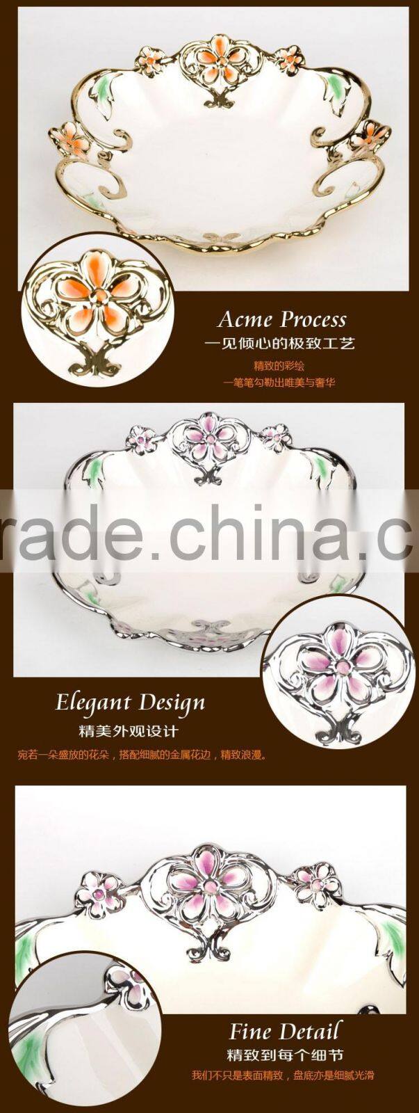 Hot sale restaurant ceramic plates/ bulk ceramic fruit plate electroplated