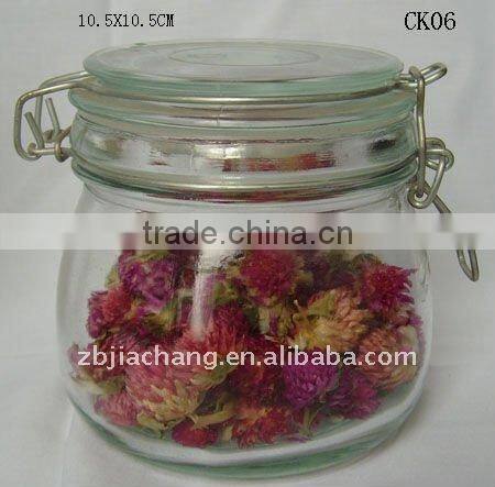 Clear glass food storage bottle with metal clip