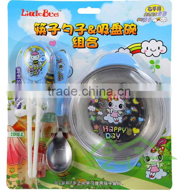 Stainless steel food feeding bowls with spoon and plastic chopsticks kids tableware set