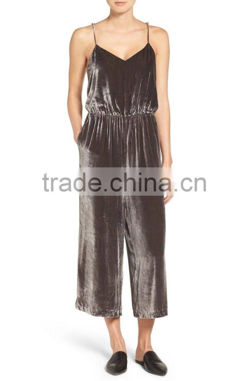 Top Selling New Fashion Lady Loose Casual Romper Sexy Plain Comfy Shimmer Shine Crushed Velvet Camisole Jumpsuit