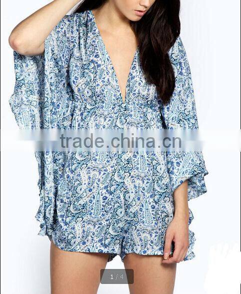 2015 sexy womens deep V neck plus size open front African Print Kimono Sleeve loose Playsuit