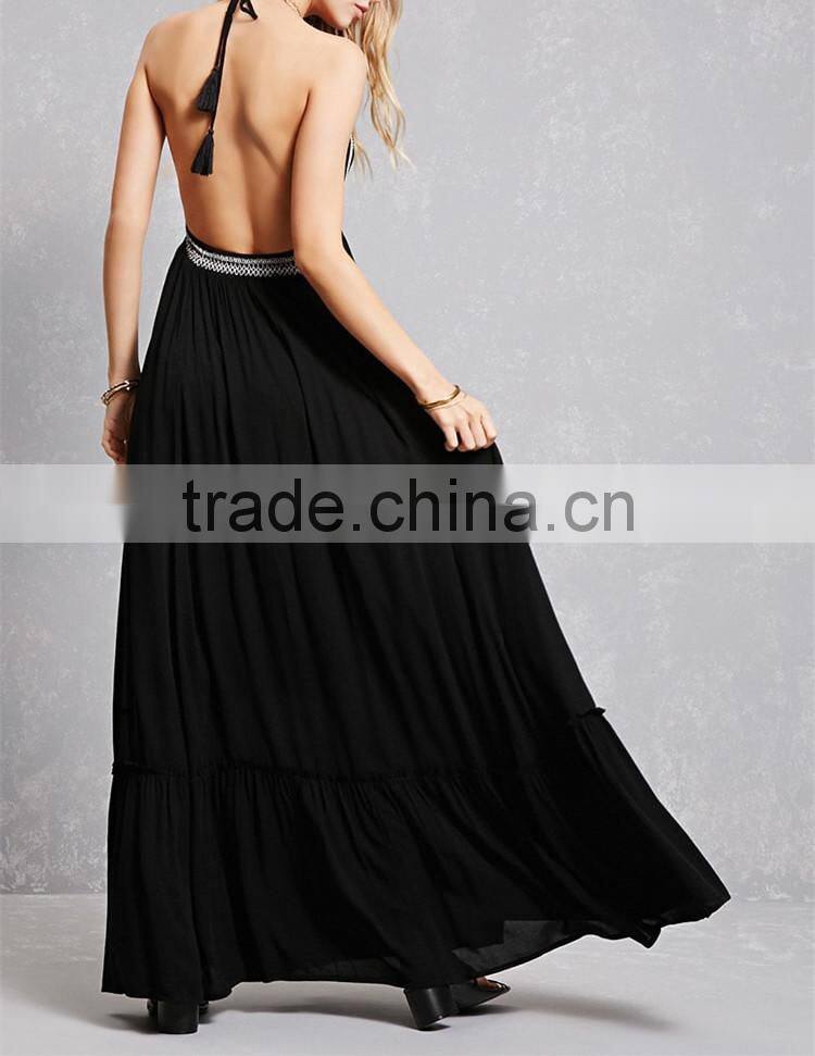 Factory Price adjustable tasseled self-tie halter neckline front V-cut open back flowy Crepe Woven Halter Maxi Dress