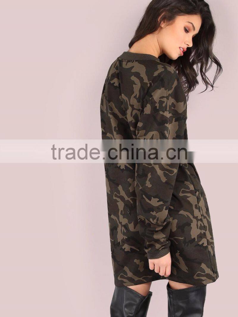 Allover Printing Camo Design Female Oversized Lace Up Long Sleeve Sweatshirt Dress