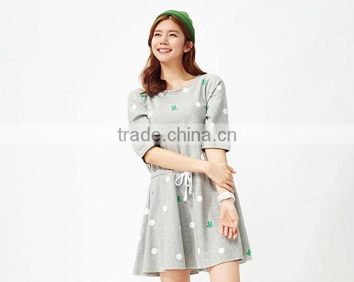 Female money shallow hemp grey knitted rabbit dot printing on the waist rope bat sleeve dress