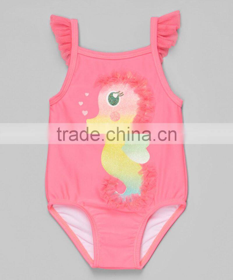 Fashionable Girl Swimwear With Pink Seahorse Ruffle One-Piece Girl Beach Wear Child Clothing G-NP-S905-305