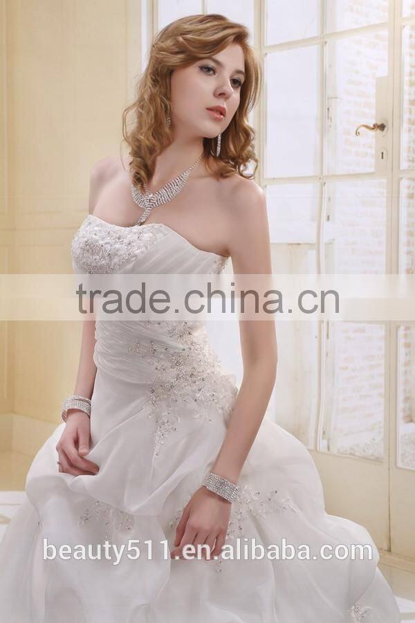 A-Line Satin/Organza Strapless Pearls Beaded Long Trail Gown Wedding dress ball gowns bridal gowns