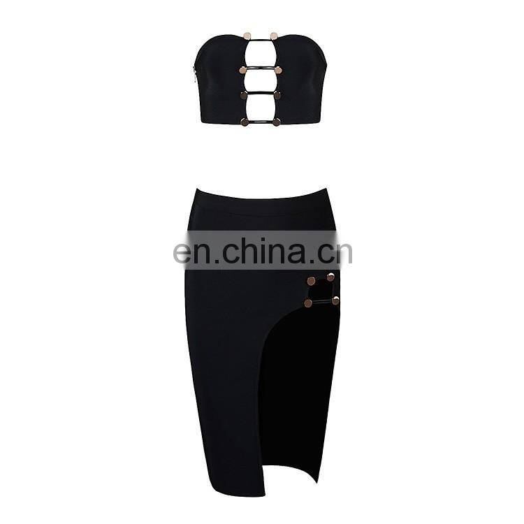 Amigo 2017 Women Black 2 Piece Bandage Bodycon Dress Celebrity Sexy Clubwear Split Cutout Long Dresses