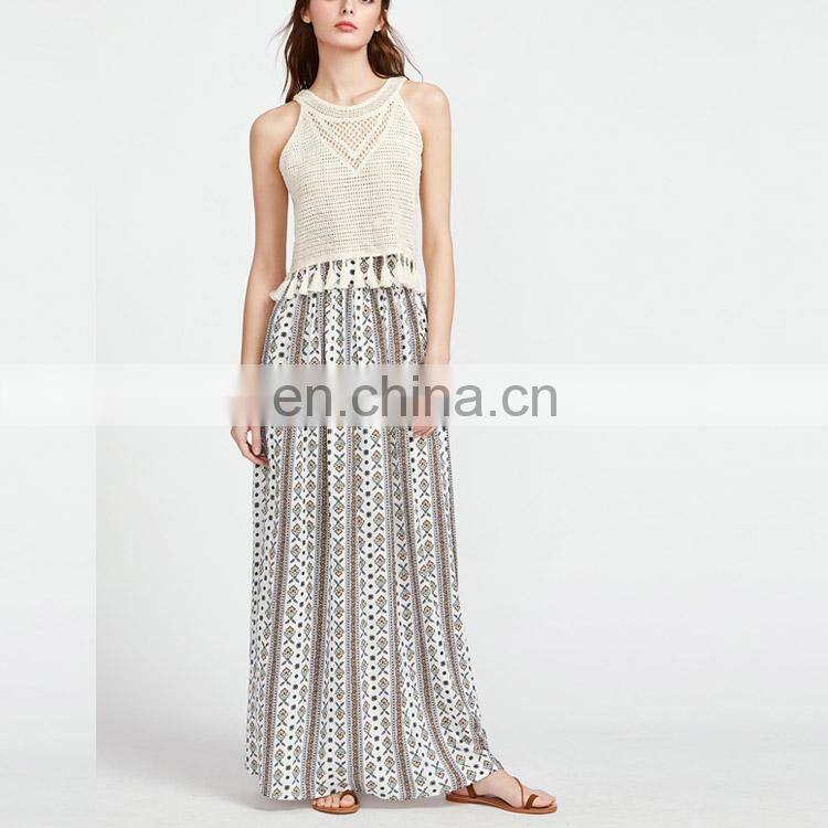 Long Skirt And Blouse Designs Ornate Print Wide Waistband Maxi Skirt