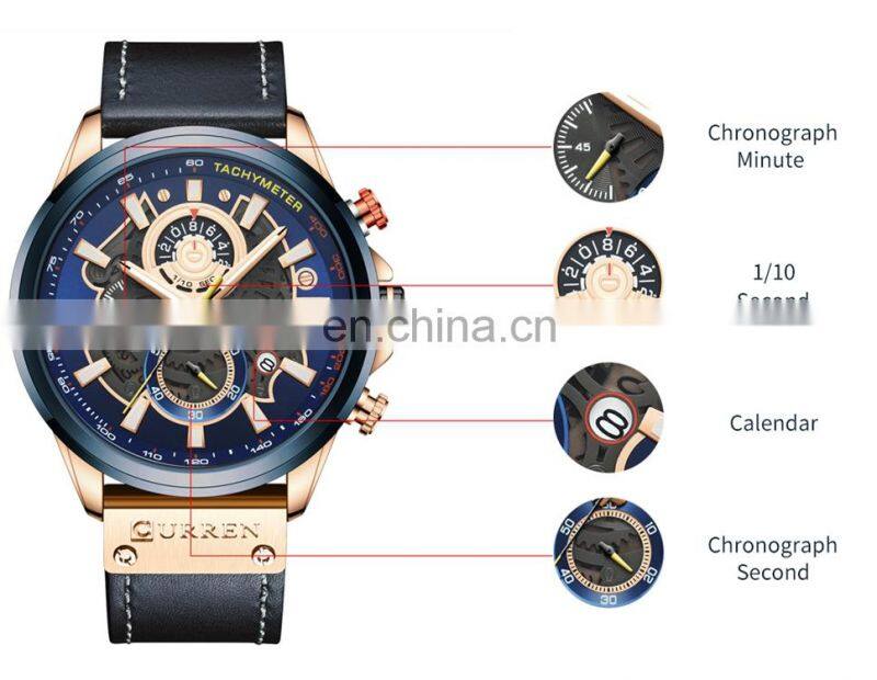 CURREN 8380 Top quality latest three eyes day date leather strap luminous analog quartz watch for men