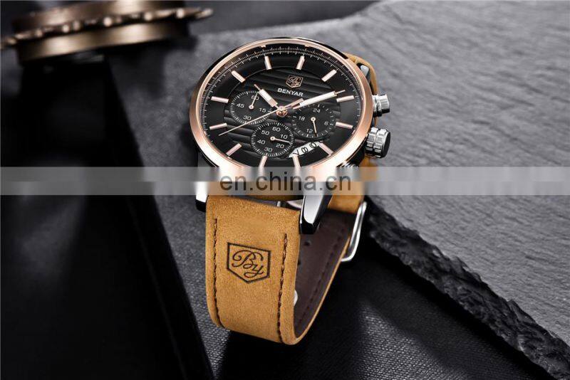 Benyar BY-5104M Personalized Man Quartz Wrist Watches Chronograph Calendar Luxury Leather Men Watch Manufacturer