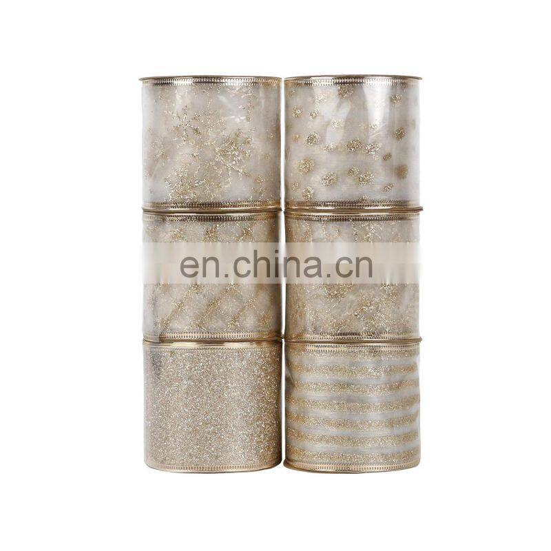 6 Yards/Roll 63mm Gold/Silver Wired Edge Glitter Organza Christmas Ribbon for Wedding Christmas Decoration Gift Packaging