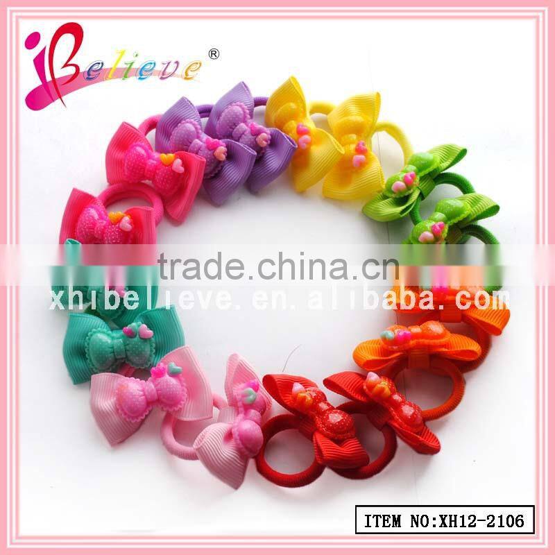 Plastic bow girls ponyholder ribbon bow covered elastic hair bands (XH12-2106)