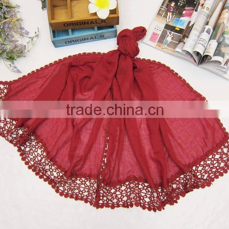 Wholesale Embroidery Lace Brim Women Ladies Plain Cotton Linen Scarf Shawl