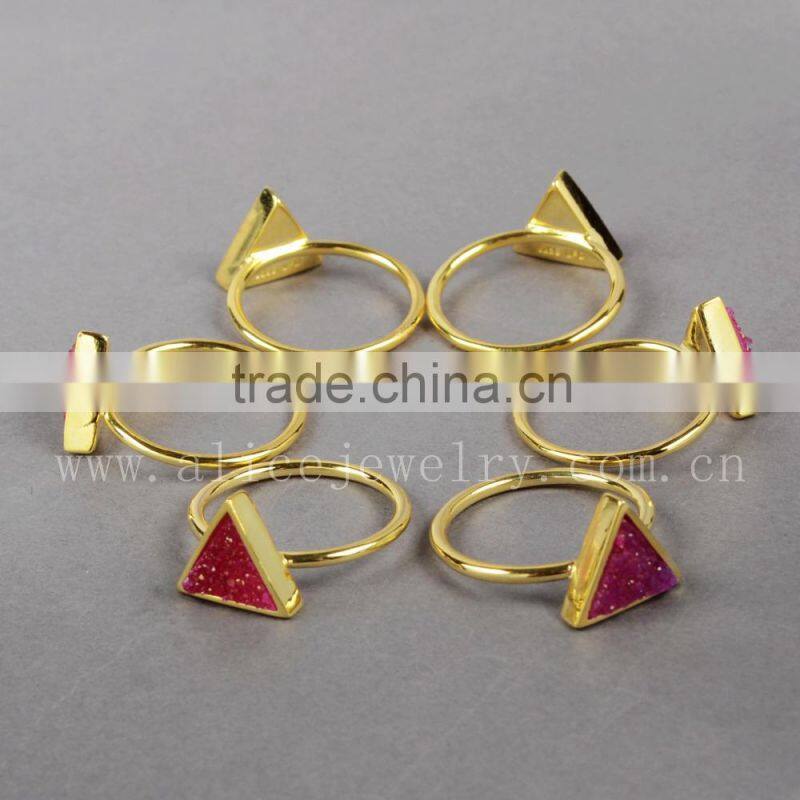 Golden plated metal ring with druzy stone cocktail stacking crystal ring quartz gemstone bezel Ring
