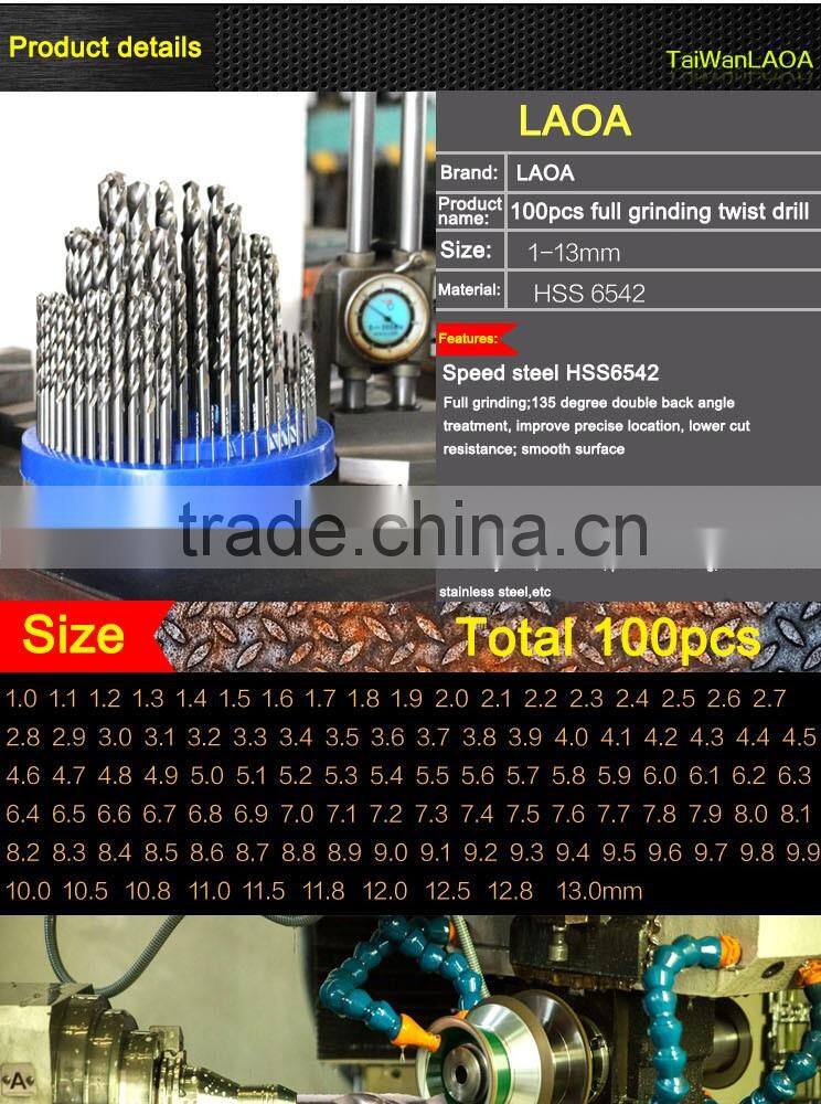 LAOA1-13mm HSS Straight High Speed Steel 100PCS Electric Twist Drill Bits Broach Drills Set For Metal Copper, Steel, Cast Iron