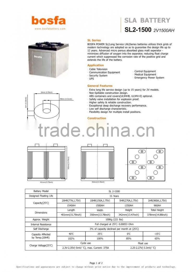 long lfe solar batteries 1500ah 2v SL series battery