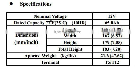 vrla 12V 65AH maintenance free SLA battery deep cycle ups battery