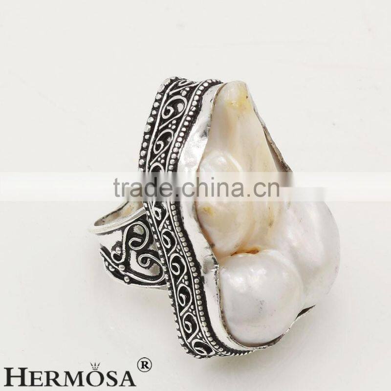 Freedom Shape Natural Stone White Biwa Pearl 925 Sterling Silver Men Rings
