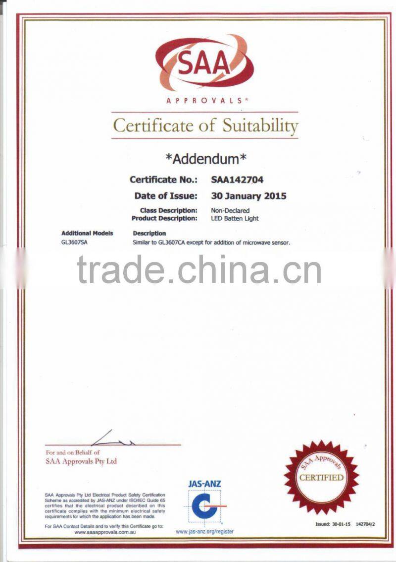 36W SAA waterproof led batten lights, fluro lights with sensor, 8m, 100-25%, 180deg