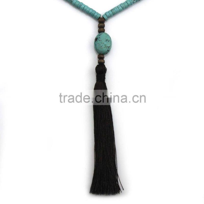 Original Natural Wood Beads Jade Stone Long Tassels Beaded Necklace