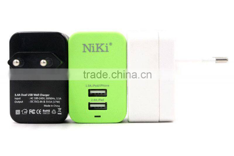 UK standard 5V 3.4A universal dual usb wall charger for home and travel charger