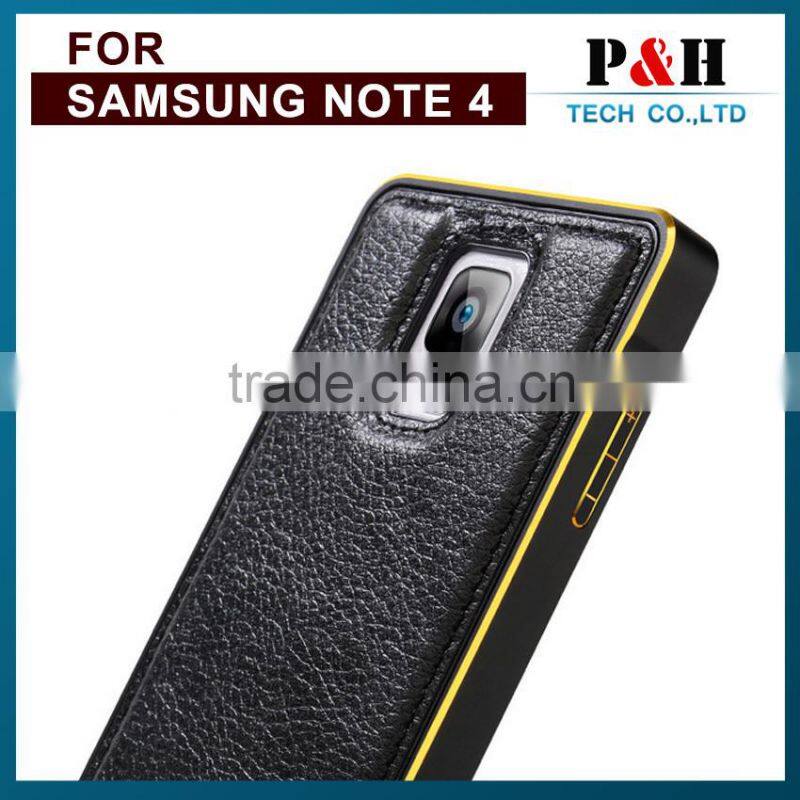 Metal Aluminum Bumper 5 Double Color Vintage Lychee Genuine Leather Back Cover Cases for Samsung galaxy Note 3 4