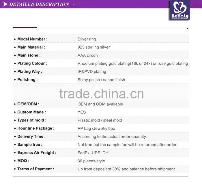 2015 hot sale wedding jewelry 925 silver AAA zircon ring