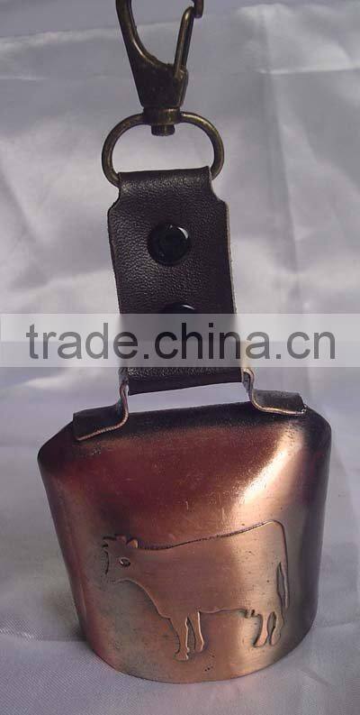 2.75" antique cow bell with strap lanyard A2-179 with embossed cow on the bell (A166)