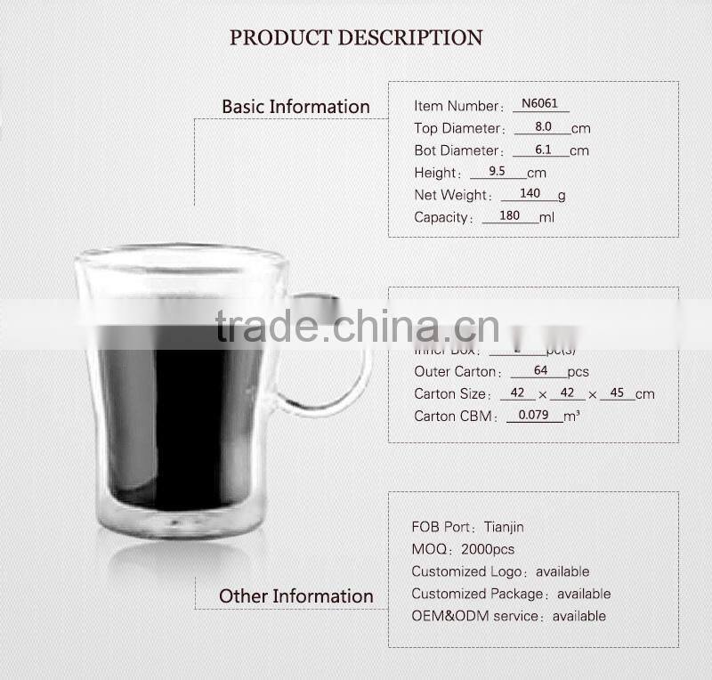 wholesale 180ml double wall glass cup with handle handmade heat resistant glassware N6061