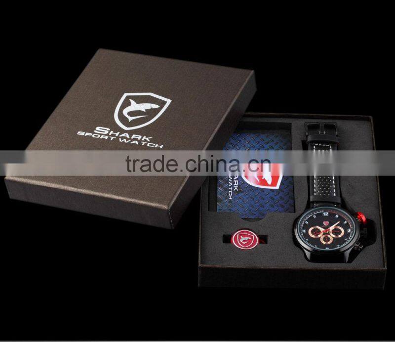 Shark 6 Hands Leather Band Steel Case Mens Quartz Army Luxury Analog Sport Wacth