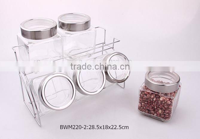 6pcs clear square glass jar set in a silver rack